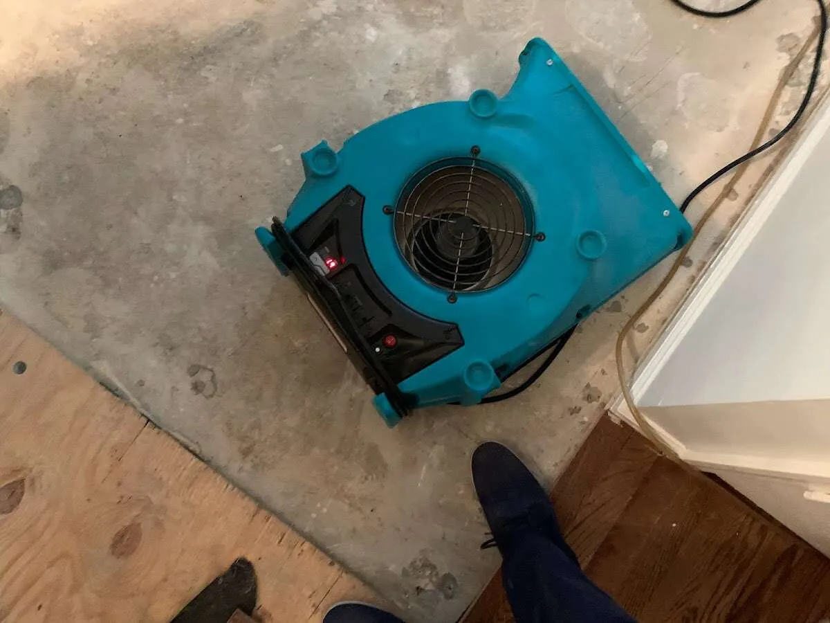 Air mover drying subfloor during Commercial Water Damage Restoration in Kenton